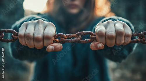 Obraz na płótnie Strong woman shattering rusted chain, demonstrating personal empowerment and liberation w salonie