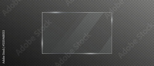 Glass plate on transparent background. Realistic screen glass, window mockup, clear glass showcase, glossy plastic glare frame, acrylic with glares and light, clear rectangular plate, plexiglas, 3d.