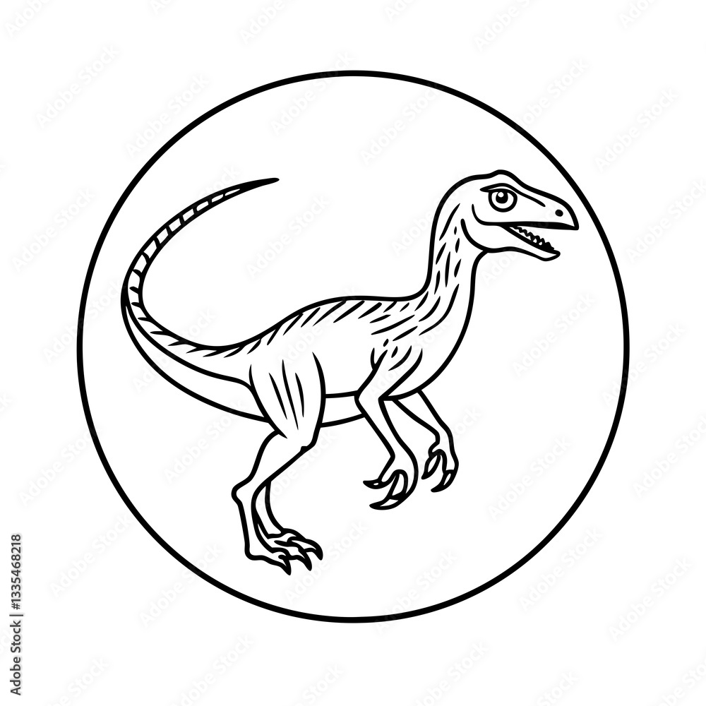 Fototapeta premium a raptor dinosaur drawing inside a circle. It is a minimalistic design, with the dinosaur in the center, showcasing its fierce appearance and features