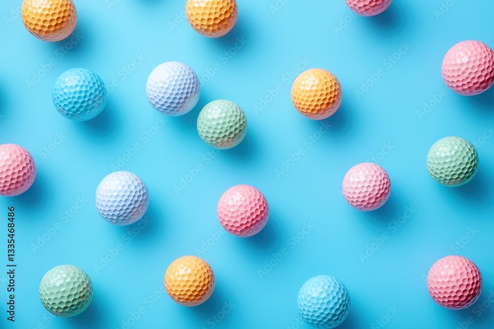 Colorful golf balls arranged in a playful pattern on a bright blue background. Colorful golf balls arranged in a playful pattern on a bright blue background.