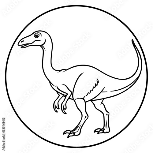 a detailed line drawing of a dinosaur within a circular frame
