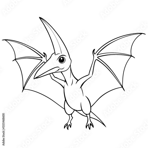 a cute cartoon illustration of a pterodactyl in black and white, standing with its wings spread. The pterodactyl is smiling and seems friendly 