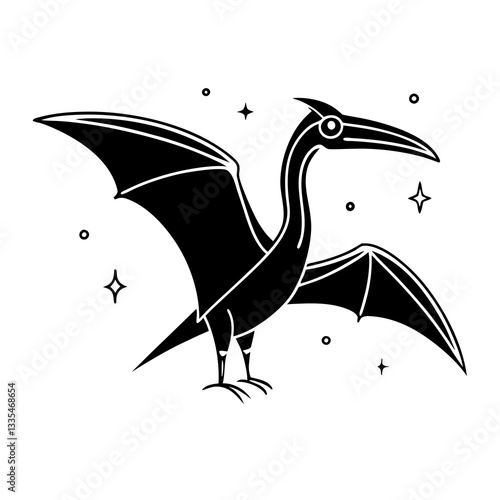 a stylized illustration of a pterodactyl silhouetted against a starry background. The image is graphic, with sharp lines