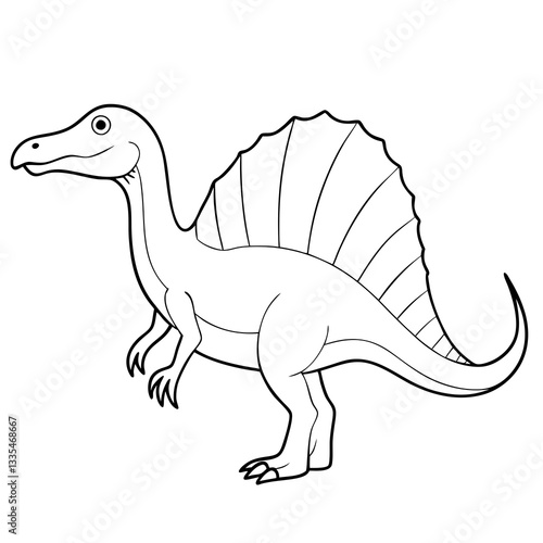 a detailed black and white illustration of a Spinosaurus. It stands with its distinctive sail on its back, creating a dramatic pose. The image is simplified, focusing on lines and shape