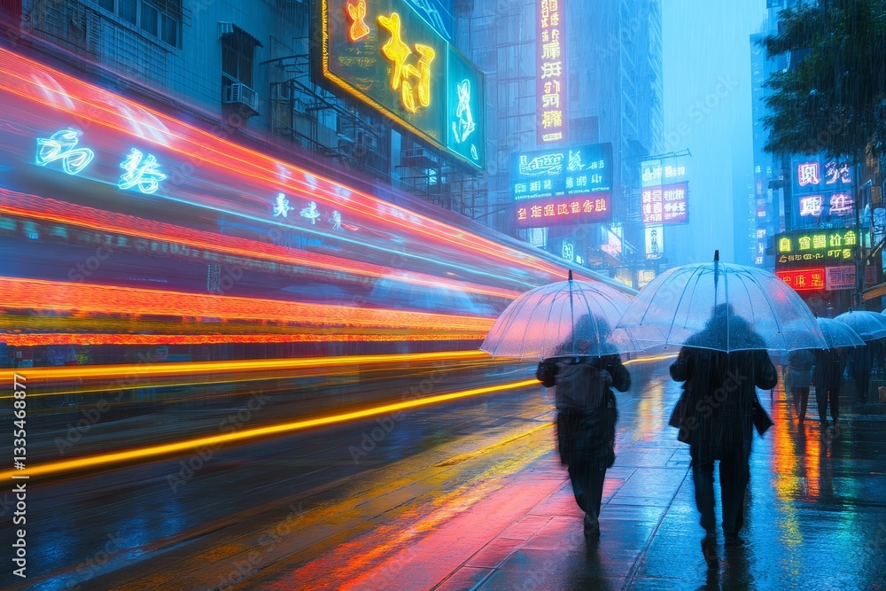 Fototapeta premium Neon Reflections in the Rain, Rain showers