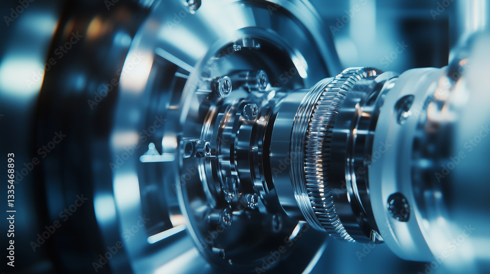 Complex mechanism operating with high precision, showcasing advanced manufacturing technology in blue light
