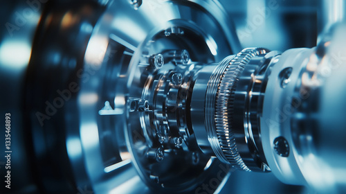 Obraz na płótnie Complex mechanism operating with high precision, showcasing advanced manufacturing technology in blue light w salonie