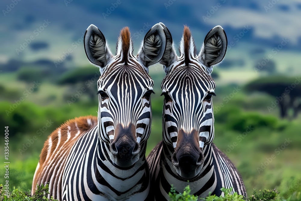Naklejka premium Two zebras standing close together in African savanna, showing detailed stripes and facial features against green landscape background. Wildlife photography for nature magazines.