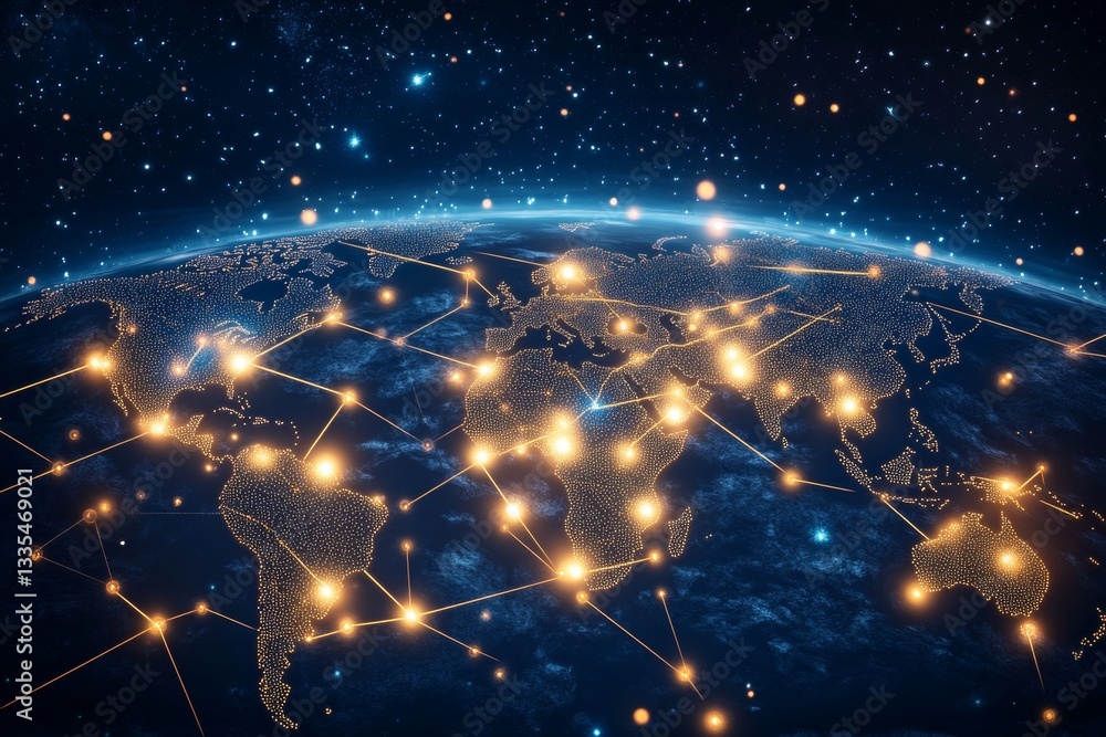 World map showcasing global network connections and digital innovation across nations and cities World map showcasing global network connections and digital innovation across nations and cities