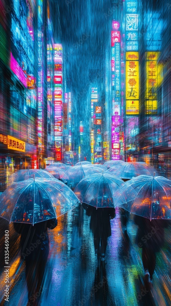 Obraz premium Neon Reflections in the Rain, Rain showers