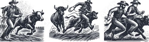 Racing Across the Field: A Cowboy and Cow in a High-Speed Chase, Dynamic Engraving and Linocut Design sports theme 