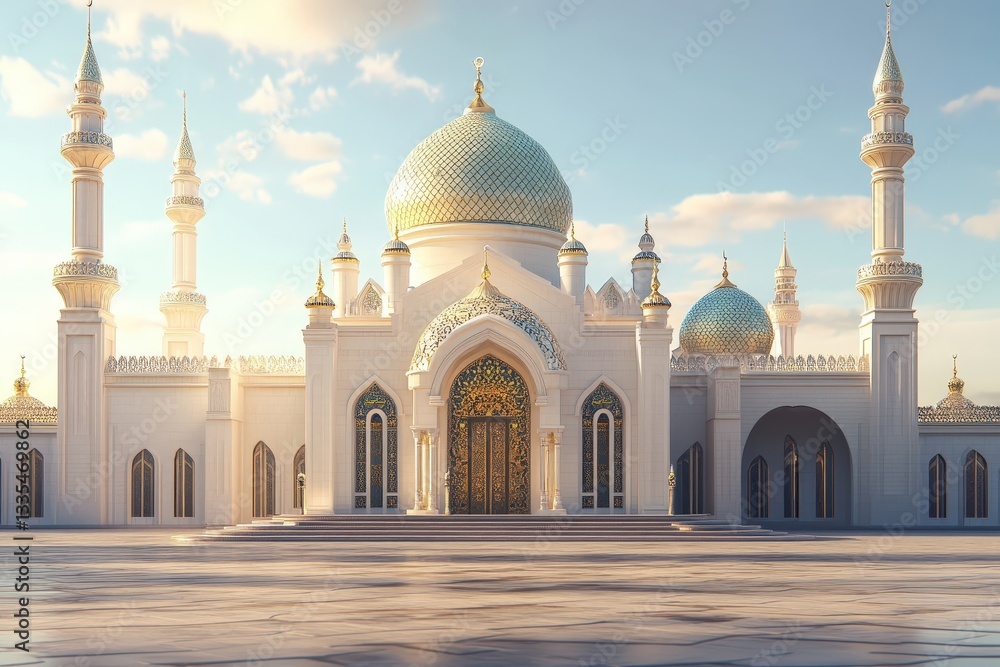 Obraz premium A beautiful white mosque with multiple golden domes and towers