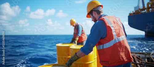 Cargoship Unloading Oil Drums at Offshore Rig photo