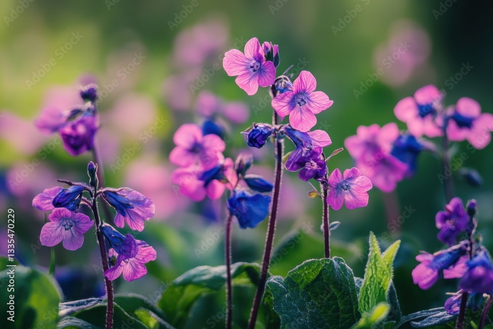 Fototapeta premium Vibrant purple and pink flowers in full bloom, basking in soft sunlight.