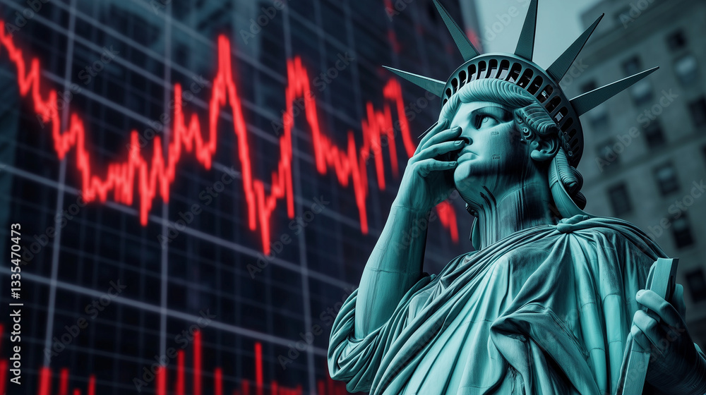 Fototapeta premium Statue of Liberty with hand on face expressing concern for stock market crash, concept of economic crisis
