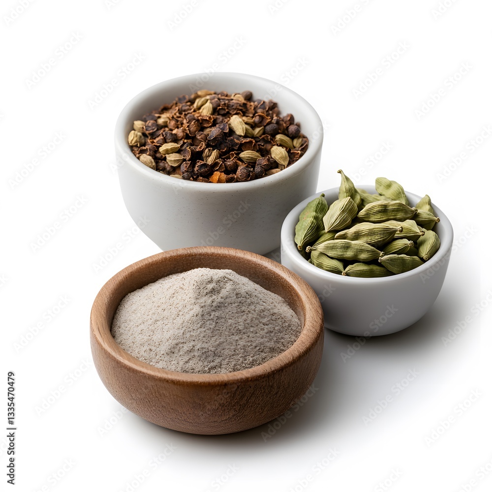 Spice blend, cardamom, powder, bowls, white background, food photography, recipe ingredient Spice blend, cardamom, powder, bowls, white background, food photography, recipe ingredient