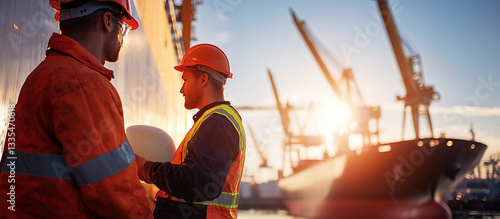 Cargo Ship Crew Cleaning Hull in Shipyard Under Bright Sun photo