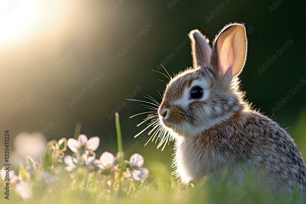 Obraz premium Young brown rabbit sitting in spring meadow among white flowers at sunset, soft natural bokeh background creates dreamy atmosphere. Wildlife photography.