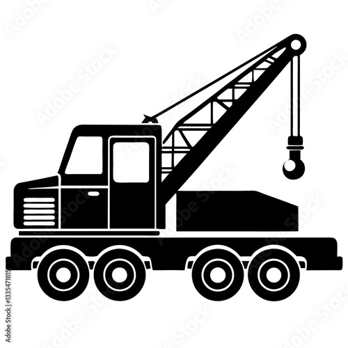 A yellow construction crane and truck with heavy equipment for transportation and lifting in an industrial setting