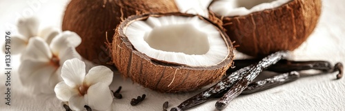 Fresh coconut halves with vanilla beans and white flowers on a textured surface, creating an exotic tropical scene.