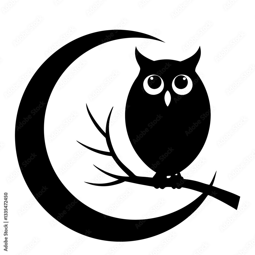 Obraz premium Cute cartoon owl sitting on a branch in a simple animal illustration