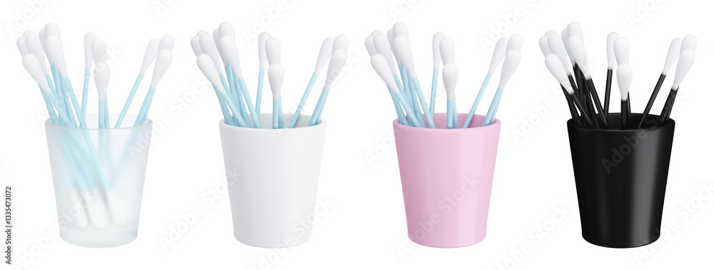 Isolated cups with cotton swabs set. 3D rendering. Isolated cups with cotton swabs set. 3D rendering.