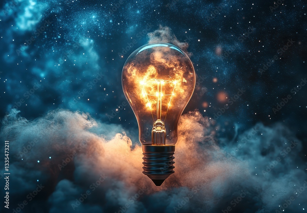 Illuminated light bulb suspended among smoky clouds against a starry night sky. Illuminated light bulb suspended among smoky clouds against a starry night sky.