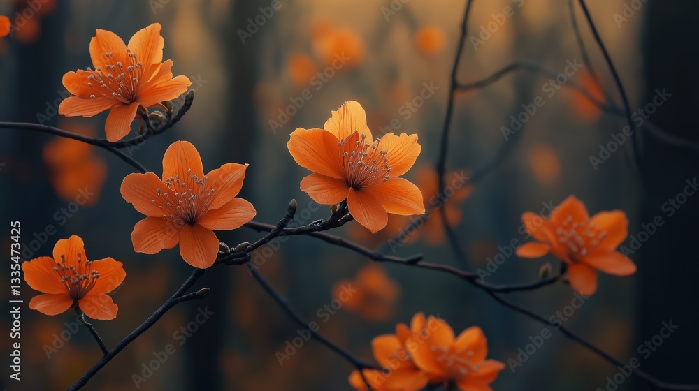 A close-up view of dense, vibrant orange flowers with intricate, layered petals, arranged on dark brown branches against a blurred background of a similar A close-up view of dense, vibrant orange flowers with intricate, layered petals, arranged on dark brown branches against a blurred background of a similar