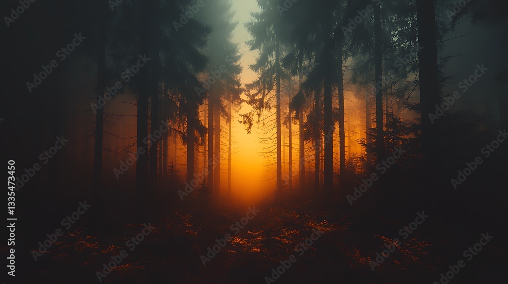 Misty forest path at sunset. Misty forest path at sunset.