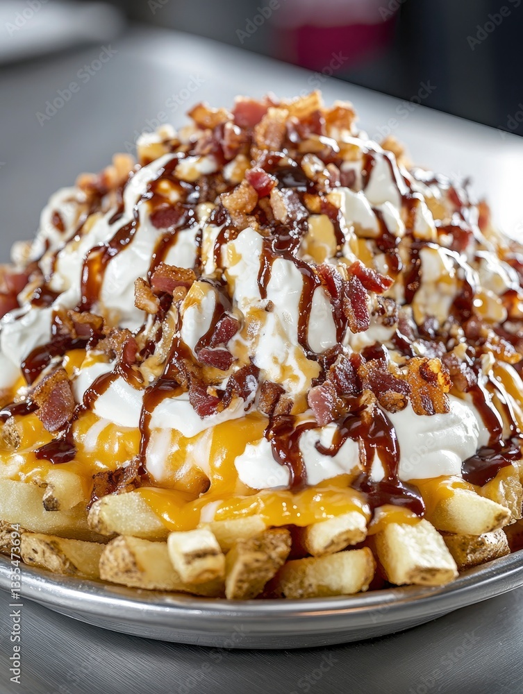 A close-up of a loaded french fries platter, golden and crispy fries topped with melted cheddar cheese A close-up of a loaded french fries platter, golden and crispy fries topped with melted cheddar cheese