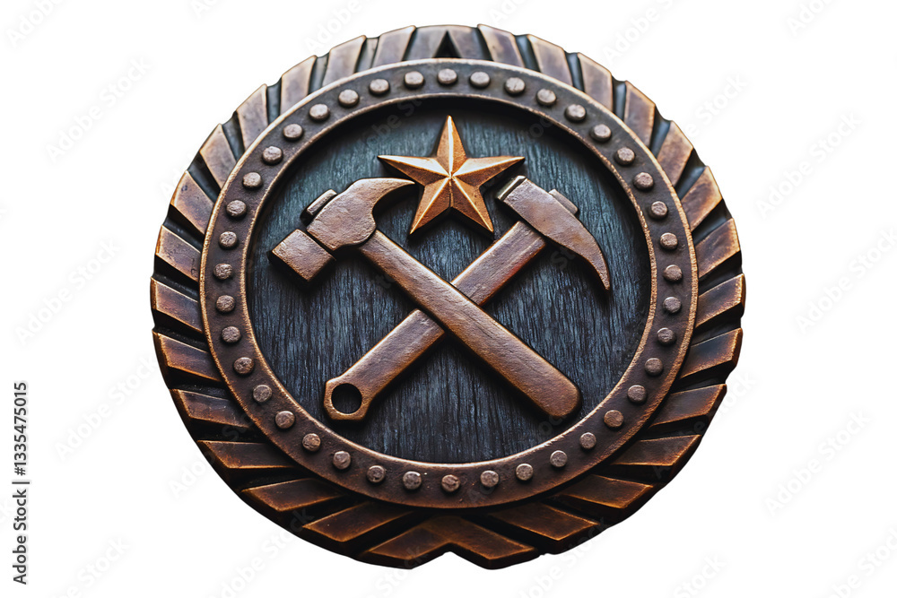Fototapeta premium Bronze Medallion with Crossed Hammers and Star Craftsmanship Award Design