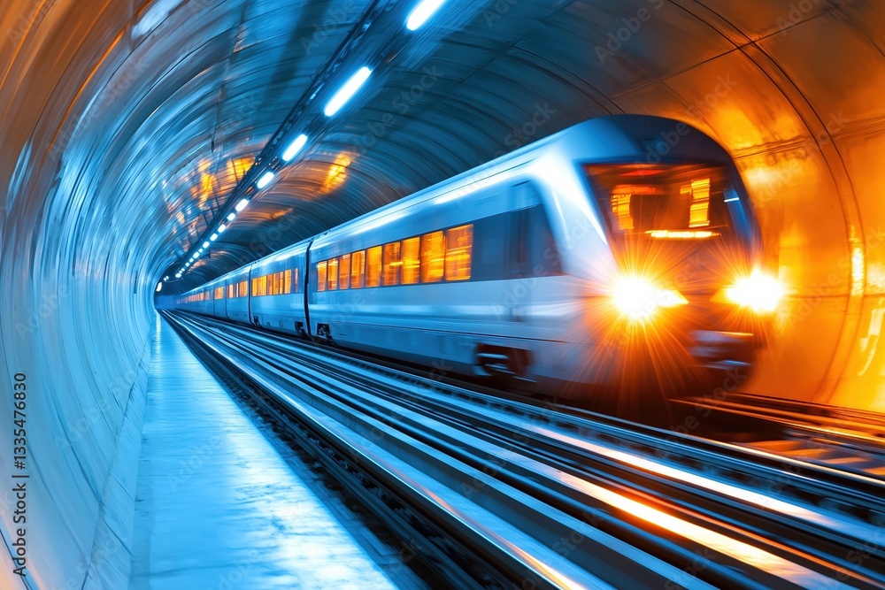 A high-speed train moving through a brightly lit tunnel. A high-speed train moving through a brightly lit tunnel.