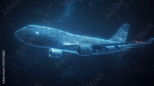 A futuristic airplane made of glowing digital lines flying through a starry night sky.
