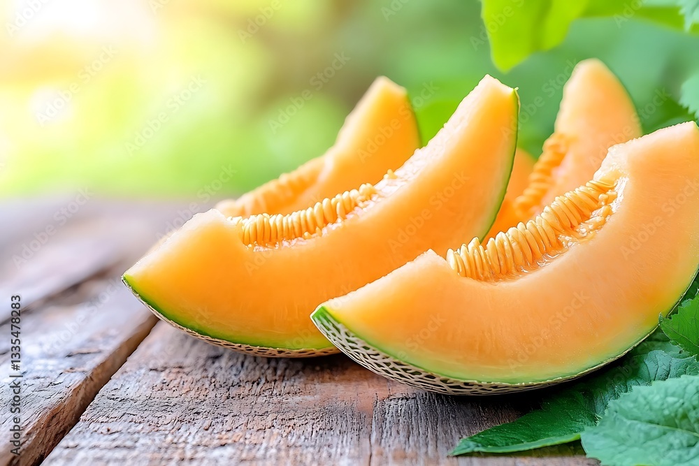 Three delicious cantaloupe slices sit on wooden surface outdoors Three delicious cantaloupe slices sit on wooden surface outdoors