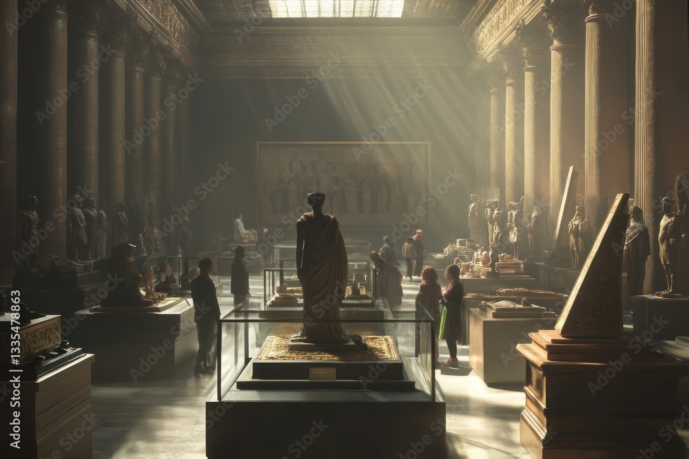 Sunlit Museum Hall with Ancient Artifacts and Visitors Exploring Historical Treasures in a Gran Sunlit Museum Hall with Ancient Artifacts and Visitors Exploring Historical Treasures in a Gran