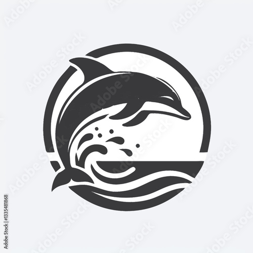 A stylized black silhouette of a dolphin leaping from ocean waves, enclosed in a circle