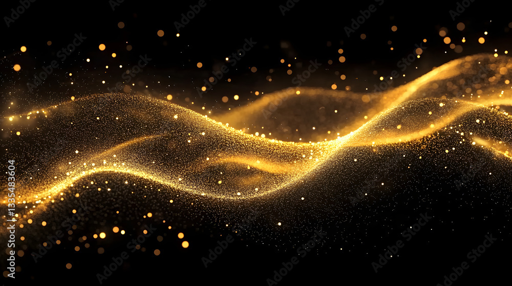 Fototapeta premium Abstract modern luxury golden wave lines gold particles with lighting effect on black background