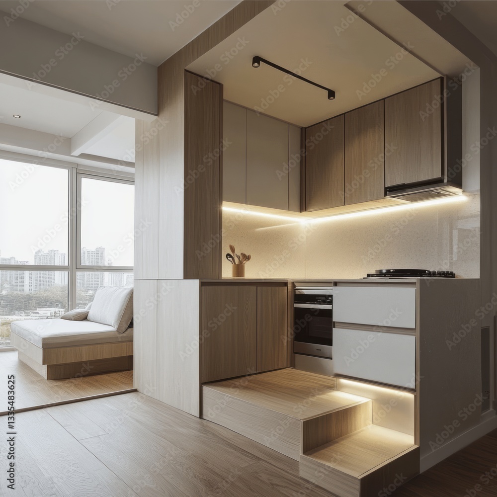 Fototapeta premium Modern small kitchen design with integrated living room space