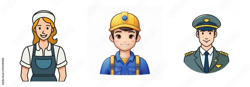 Three cartoon avatars showcase various professions. A chef, a construction worker, and a police officer are depicted with smiling faces and work attire. Three cartoon avatars showcase various professions. A chef, a construction worker, and a police officer are depicted with smiling faces and work attire.