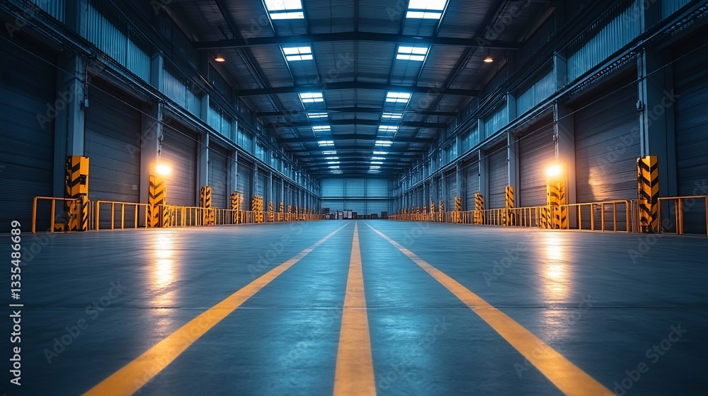 Fototapeta premium A long, vast industrial space with yellow lines, pillars, and a bright, metallic ceiling