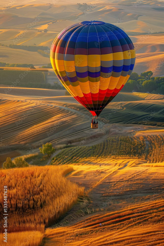 Naklejka premium A vibrant hot air balloon rises above golden wheat fields at sunset, showcasing scenic landscapes and serene moods, capturing the beauty of nature and peaceful travel in the countryside.