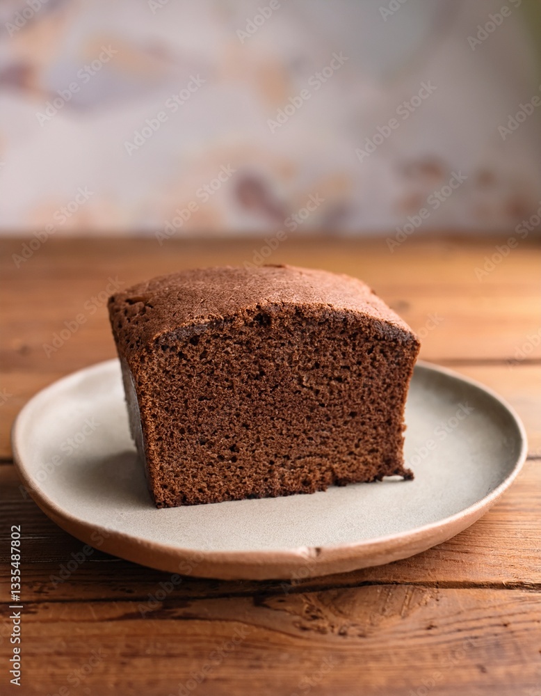 木目調のテーブルにシンプルに置かれたチョコレートパウンドケーキ。軽い焼き色がついた表面が引き立ち、背景の柔らかな色合いのグラデーションが全体にリラックス感を与える。
木目調のテーブルにシンプルに置かれたチョコレートパウンドケーキ。軽い焼き色がついた表面が引き立ち、背景の柔らかな色合いのグラデーションが全体にリラックス感を与える。
