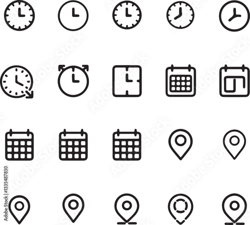 Time, date and address line icon set. Clock, calendar, location pin. Editable stroke. Vector illustration.