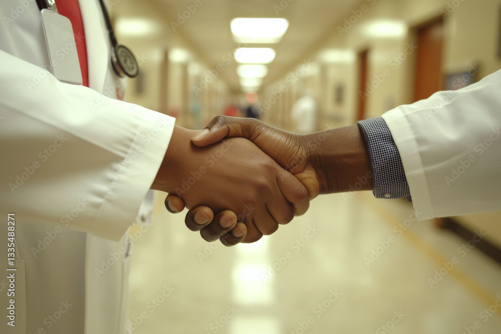 Two doctors in white coats shake hands in a hospital corridor, fostering collaboration. Concept of partnership and teamwork. For medical cooperation photo.