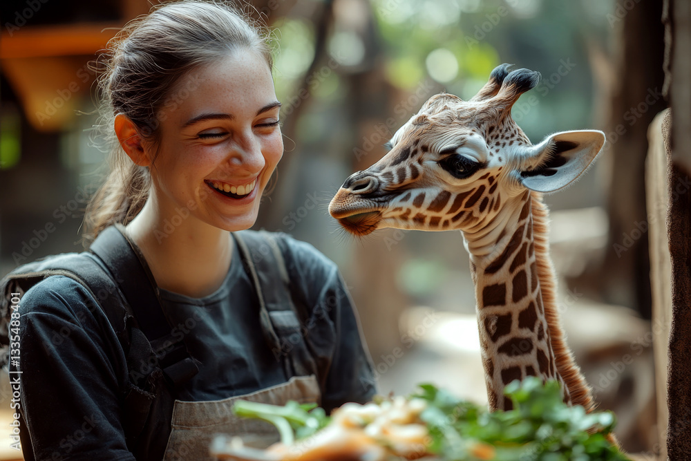 A smiling young woman in overalls stands next to a baby giraffe indoors, both near a pile of leafy greens. Concept of joyful animal interaction. For animal care promotion.