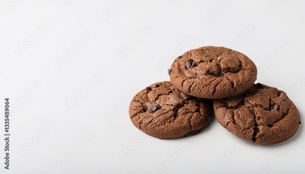 シンプルな白の背景に映えるチョコレートクッキー。溶けたチョコレートがアクセントとなり、クッキーの質感を引き立てる。
シンプルな白の背景に映えるチョコレートクッキー。溶けたチョコレートがアクセントとなり、クッキーの質感を引き立てる。