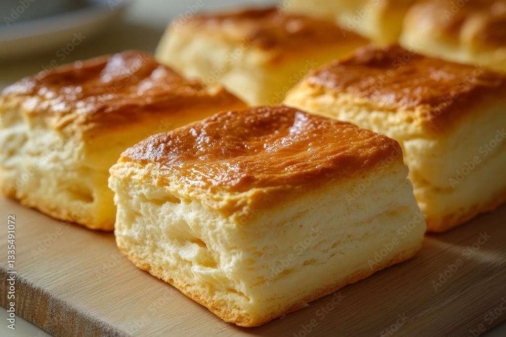 Close up of freshly baked rectangular scones with a golden crust and soft, sweet pastries Close up of freshly baked rectangular scones with a golden crust and soft, sweet pastries
