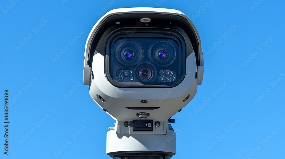 Modern security camera against blue sky. Modern security camera against blue sky.
