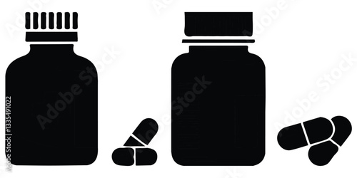 Bottles of Pills or Vitamins Medicine Black Icons Illustration