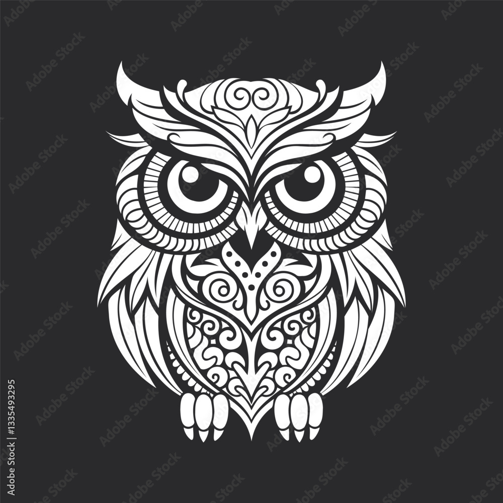 Fototapeta premium Owl Illustration. A highly detailed black and white owl illustration featuring intricate patterns and ornamental elements. For tattoos, wall art, or digital design projects.
